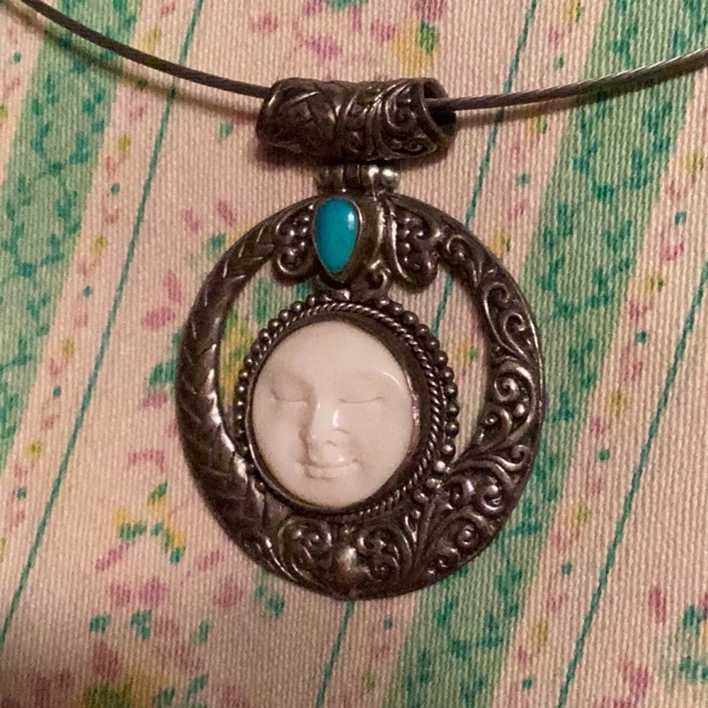 Bali hand carved bone face sterling silver pendant w/ sleeping beauty turquoise